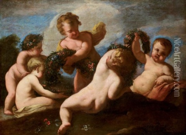 Amours A La Guirlande De Fleurs Oil Painting - Giovanni Andrea Podesta