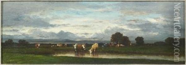 Troupeau De Vaches Au Coucher Du Soleil Oil Painting - Leon Victor Dupre