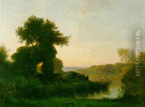 Fisherman In A River Landscape Oil Painting - Francois Louis Francais