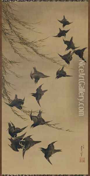 Willow and Birds Oil Painting - Katsushika Hokusai