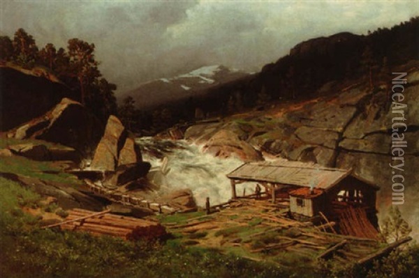 Hoyfjell Med Sagbruk Oil Painting - Andreas Edvard Disen