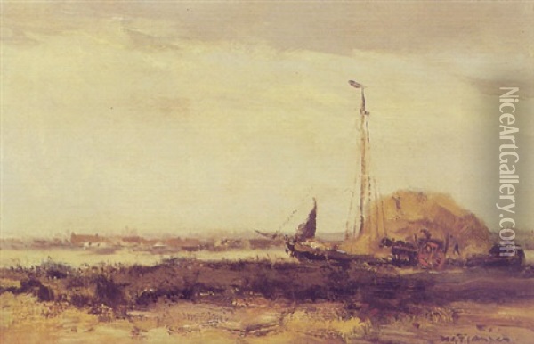 A Haybridge In A Polder Landscape Oil Painting - Willem George Frederik Jansen