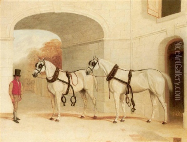 Two Carriage Horses In A Stable Oil Painting - Edward (of Coventry) Brown