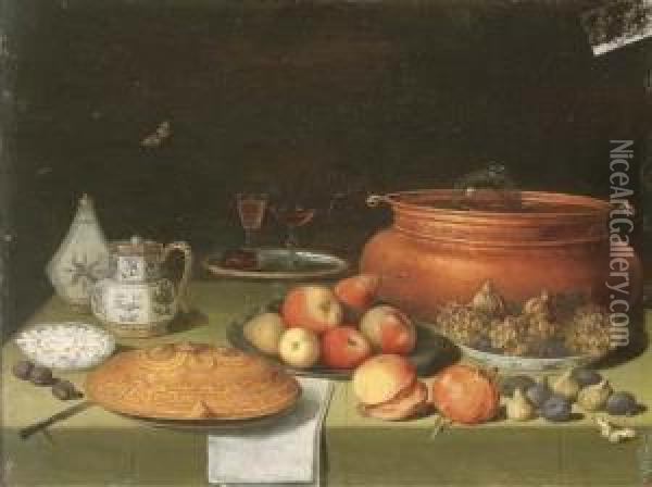 Porcelaine, Verres, Un Chaudron, Des Fruits Et Autres Objets Sur Une Table Drapee Oil Painting - Pseudo Van Kessel