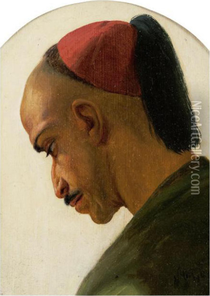 Portrait Of A Turk In A Red Skull Cap Oil Painting - Niels Simonsen