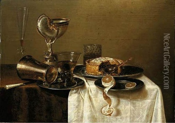 An Overturned Silver Tumbler And A Roemer On A Pewter Plate, A Facon-de-venise Wineglass, A Nautilus Cup, A Pie And A Lemon On Pewter Plates On A Table Oil Painting - Gerrit Willemsz. Heda