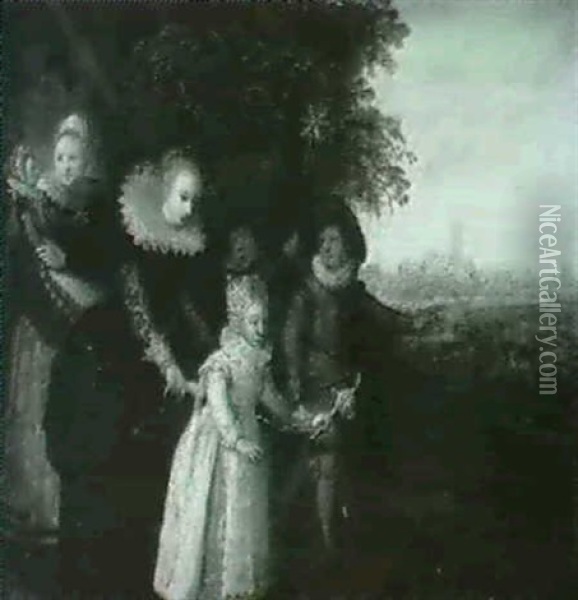 A Lady With Her Children Accompanied By A Nurse In A        Landscape Oil Painting - Jan Miense Molenaer