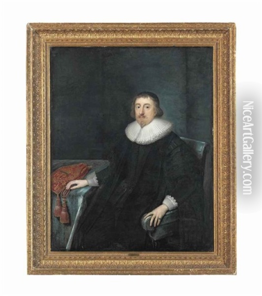 Portrait Of A Gentleman, Three-quarter-length, In A Black Tunic And Cape, White Ruff And Cuffs, His Right Hand Resting On An Embroidered Purse On A Table Oil Painting - Cornelis Jonson Van Ceulen