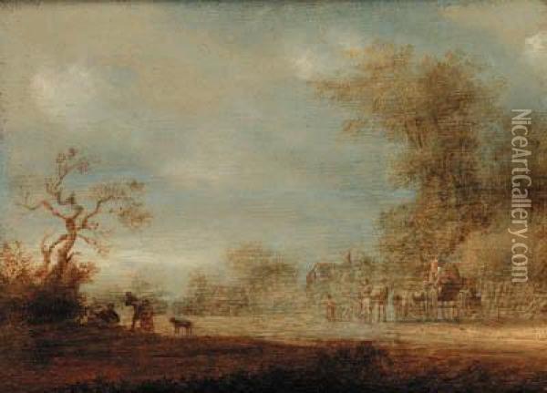 A Wooded Landscape With Figures And A Cart On A Track Oil Painting - Jan van Goyen