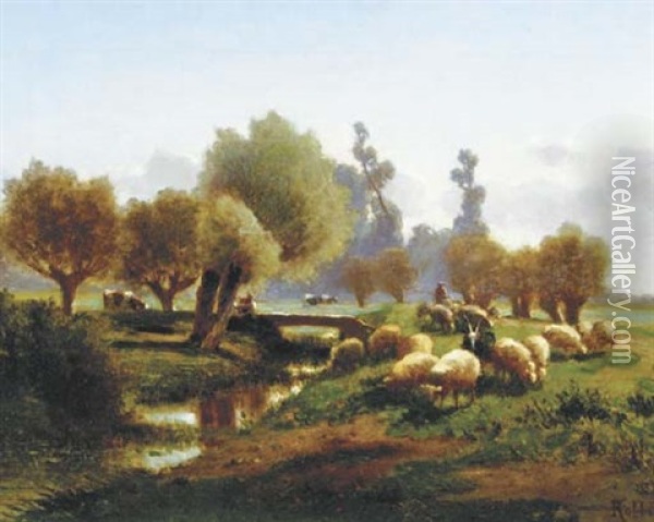 Sheep In A Meadow By A Stream Oil Painting - Louis Robbe