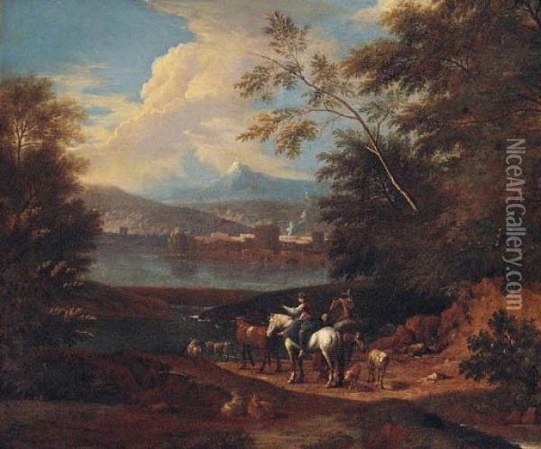 Drovers By A River, A Town And Mountains Beyond Oil Painting - Giuseppe Zais