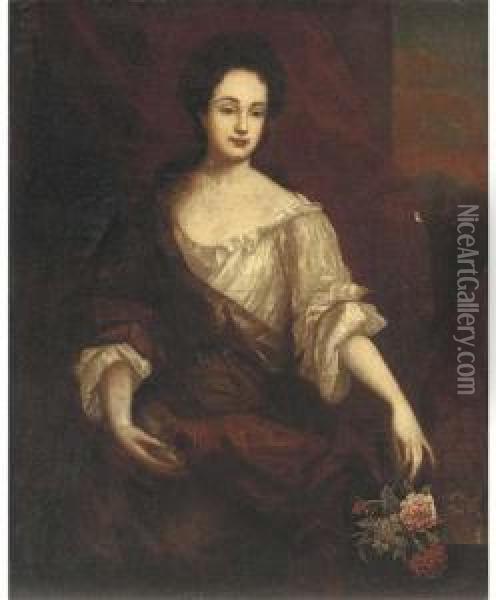 Portrait Of A Lady, Seated 
Three-quarter-length, Wearing A Whiteand Red Dress, Her Left Hand 
Holding Some Flowers By A Ledge, A Redcurtain And Landscape Beyond Oil Painting - Mary Beale