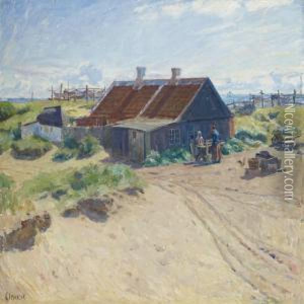 Scenery From Skagen With Women By Cottage Oil Painting - Gad Frederik Clement