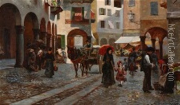 A Market Scene From Lugano Oil Painting - August Fischer