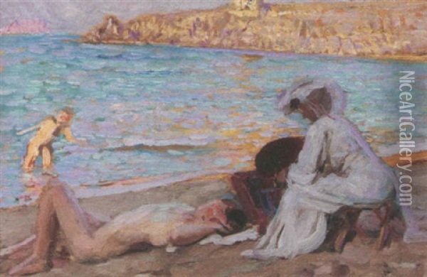On The Beach Oil Painting - Auguste Leroux