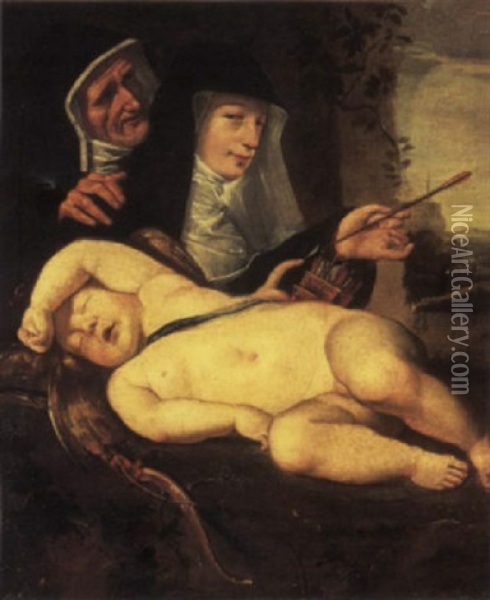 Two Nuns Disarming Cupid Oil Painting - Ferdinand Bol