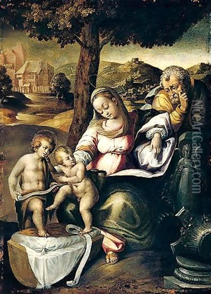 Holy family with the infant Saint John the baptist Oil Painting - Raphael (Raffaello Sanzio of Urbino)