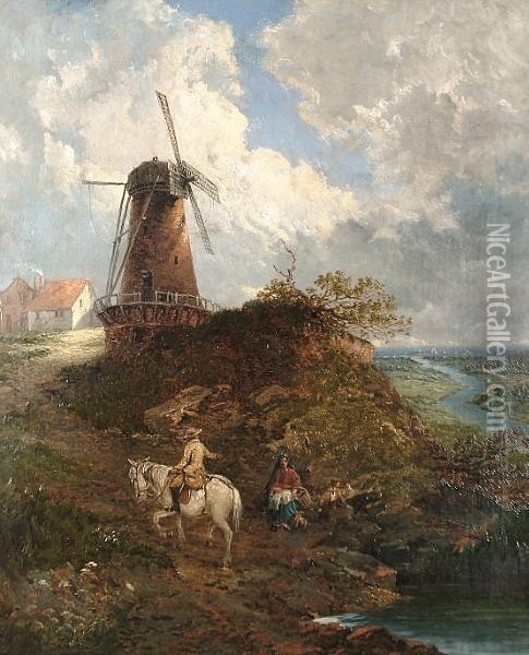 Figures Before A Windmill Oil Painting - John Holland