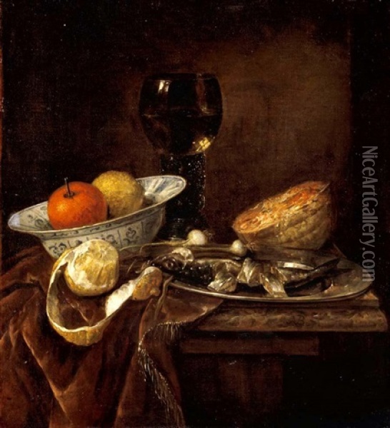 Still Life Of An Orange And A Lemon In A Porcelain Bowl, A Roemer, A Melon, A Sliced Herring On A Pewter Plate, And A Peeled Lemon Together On A Table Draped With A Velvet Cloth Oil Painting - Abraham van Beyeren