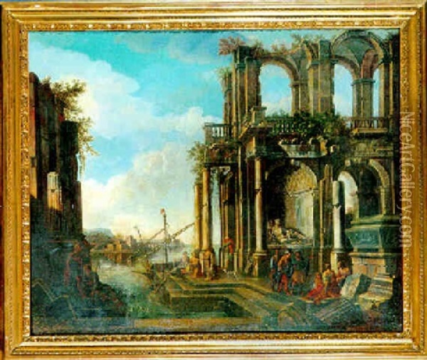 Ruines Antiques Animees De Nombreux Personnages Pres Du Rivage Oil Painting - Alessandro Salucci