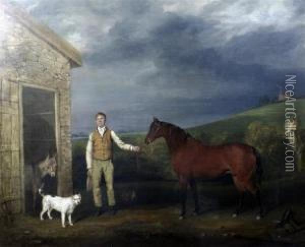 Stable Boy With Horse, Donkey And Dog Oil Painting - William Smith