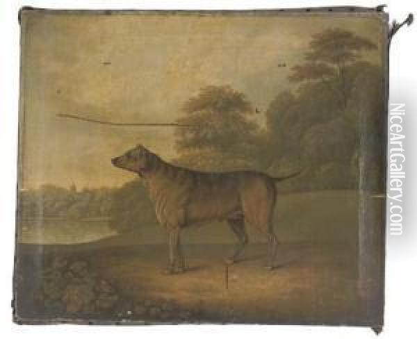 A Dog In A Parkland Landscape, A Church Spire Beyond Oil Painting - Charles Towne