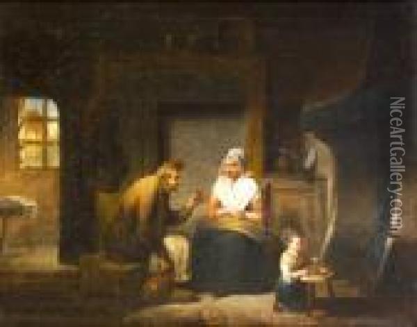 Dutch Interior With Old Couple And Child Oil Painting - Erskine Nicol
