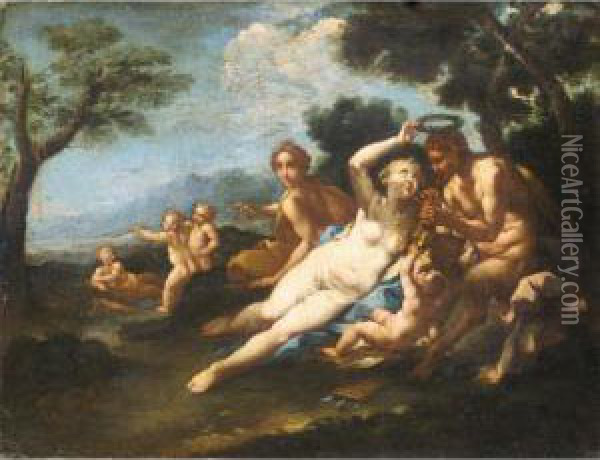 A Satyr Crowned By A Nymph With Putti Playing Beyond Oil Painting - Michele Da Parma (see Rocca)