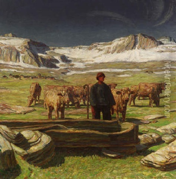 Bergfruhling - Kuhhirte Mit Herde In Weiter Tessiner Landschaft Oil Painting - Erich Erler-Samedan