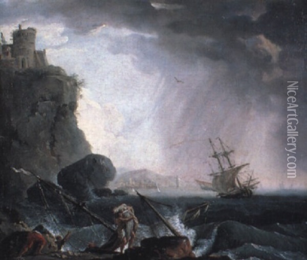 Felsige Kustenlandschaft Mit Gestrandetem Schiff Oil Painting - Charles Francois Lacroix
