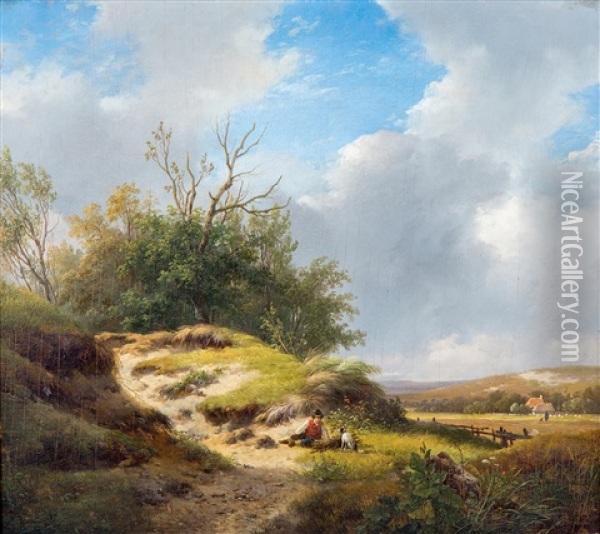 Landscape Behind The Dunes, With A Faggot Gatherer And His Dog Oil Painting - Andreas Schelfhout