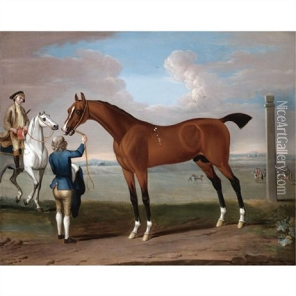 Portrait Of Flying Childers Held By A Groom, A View Of Newmarket Beyond Oil Painting - Thomas Spencer