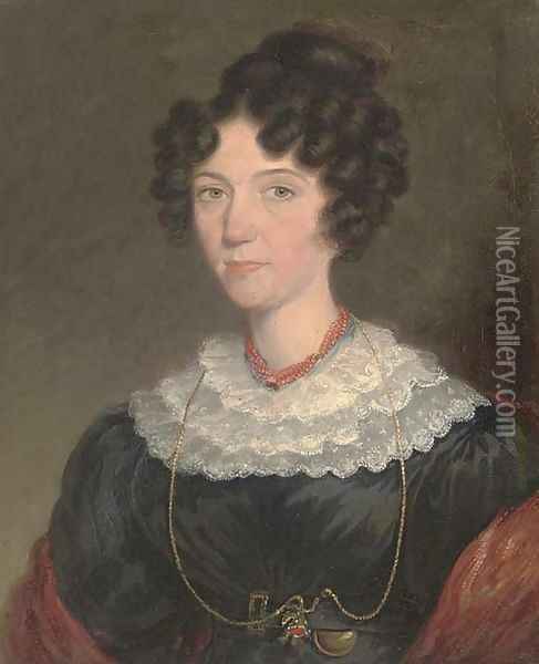 Portrait of a lady, small bust-length, in a black dress with lace trim Oil Painting - English School