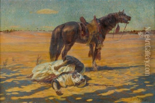Krieger Und Pferd In Der Wuste Oil Painting - Otto Pilny