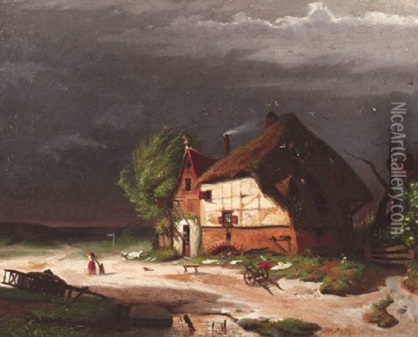 Aufziehendes Gewitter Uber Einem Hollandischen Gasthaus Oil Painting - Johann Richard Seel