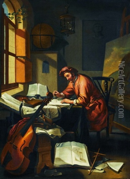 Gelehrter In Seiner Studierstube Umgeben Von Buchern, Globus, Cello Und Gemalde Oil Painting - Hendrik Heerschop