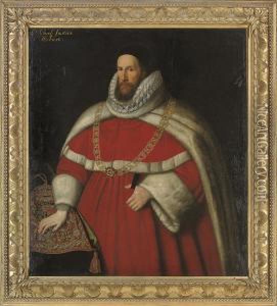 Portrait Of Sir Henry Hobart, 
1st Bt. (c. 1560-1625), Lord Chiefjustice, Of Blickling Hall, 
Three-quarter-length, In A Red Robe,white Fur Cloak, And Black 
Scull-cap, Wearing The Pendant Of Thetudor Rose, His Right Hand Resting 
On The Purse Of The  Oil Painting - John de Critz