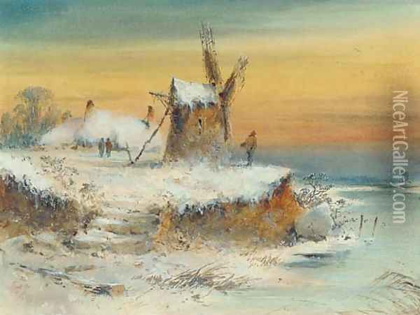Figures in a frozen winter landscape Oil Painting - George Knox
