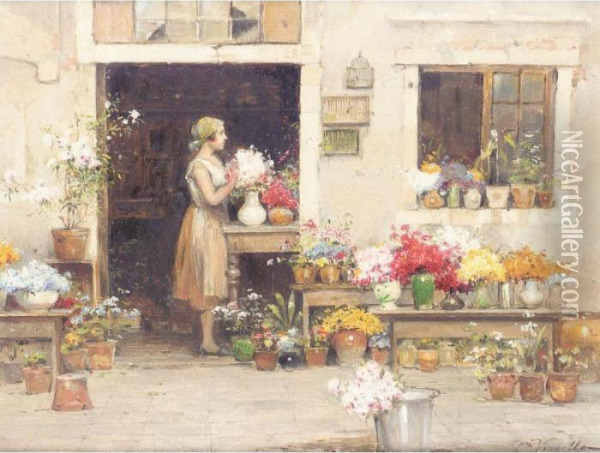 The Flower Seller Oil Painting - Cesare C. Vianello