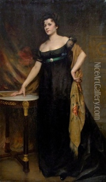 Elegante A La Robe Noire Oil Painting - Etienne Albert Eugene Joannon-Navier