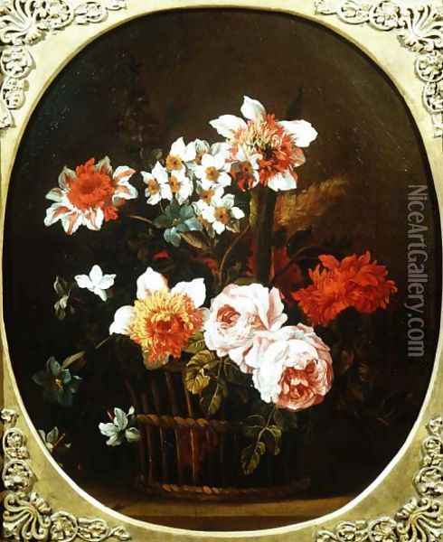 Still Life of Flowers in a Basket, 18th century Oil Painting - Nicholas Ricoeur