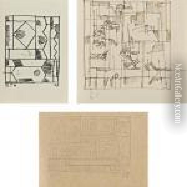 A Group Of Three Drawings: Abstract Form; Port Scene; Untitled (montevideo) Oil Painting - Joaquin Torres-Garcia