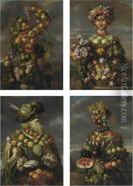 Four Anthropomorphic Figures: An Allegory Of The Four Seasons Oil Painting - Giuseppe Arcimboldo