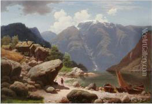 Mountain Valley With Figures And Boats At A Lake Edge Oil Painting - Georg-Eduard Otto Saal