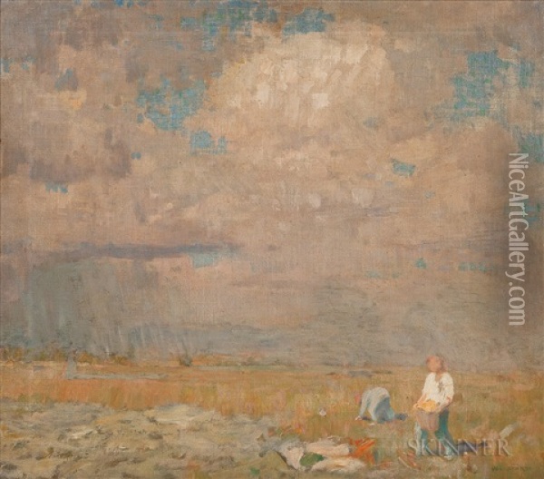 Summer Landscape With Figures At Harvest Oil Painting - William Langson Lathrop