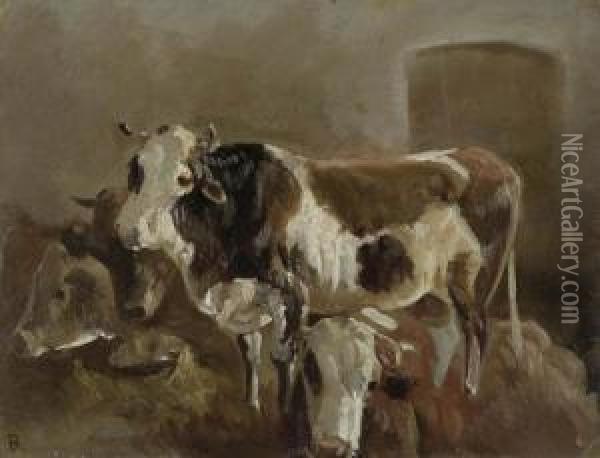 Im Kuhstall. Oil Painting - Anton Braith