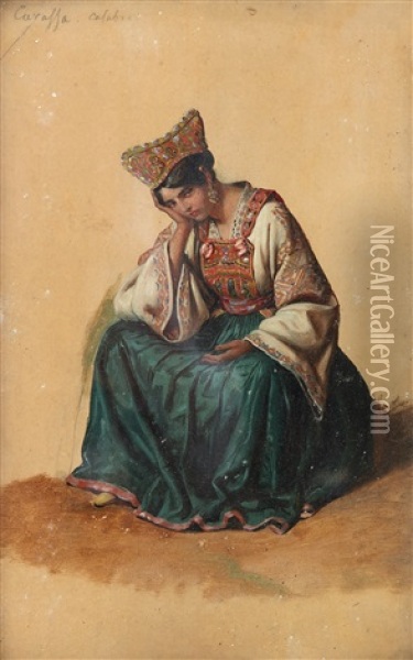 Studie Av Kvinna I Folkdrakt Fran Caraffa Di Calabria Oil Painting - Edouard Henri Theophile Pingret