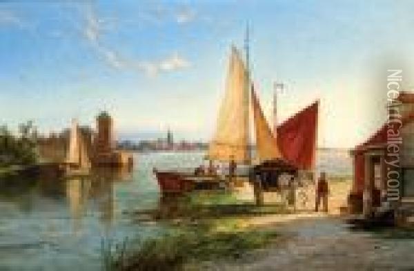 View Of A City By The Water Oil Painting - William Raymond Dommersen
