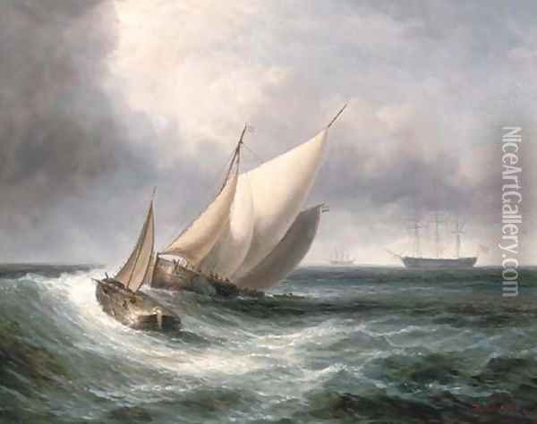 Dutch barges in choppy waters Oil Painting - James Hardy Jnr