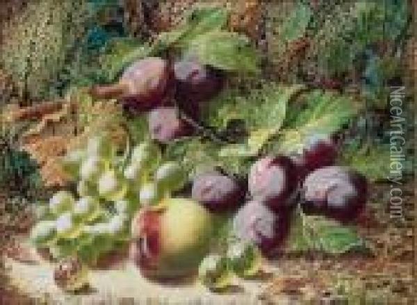 Plums, Grapes, A Peach And Gooseberries On A Mossy Bank Oil Painting - Oliver Clare